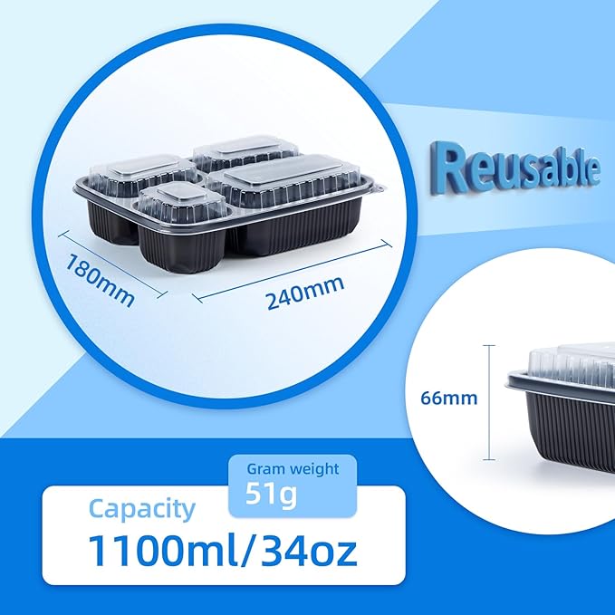 YANGRUI Meal Prep Container with Lid 40 Pack 34 oz - Reusable 4 Compartment Quad Seal Leak Defense Food Containers | BPA Free Flexible PP Plastic | Shrink Wrap Microwave & Dishwasher Safe Takeout Box