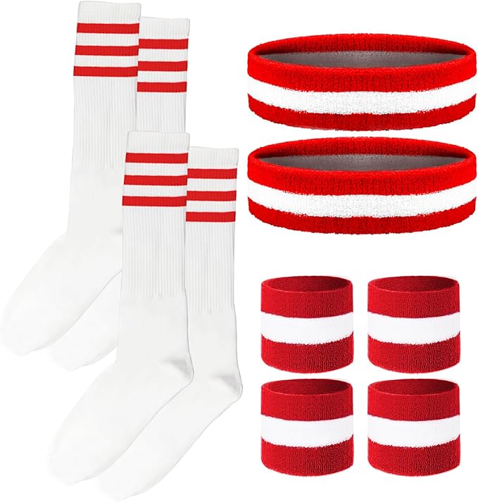 10 Pieces Striped Sweatbands and Striped Socks Set Headbands Wrist Sweat Bands for Men and Women Sports 80s 90s Fitness