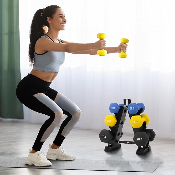 Neoprene Dumbbell Set for Women 2-5 lb | 3 Pairs Hand Weights Set with Rack, Hex Anti-Roll, Color-Coded Home Gym Gifts