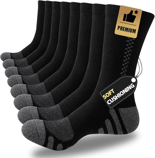 JOYNÉE 8 Pairs Mens Crew Athletic Work Long Socks Calf Cushioned Socks for Sports Running Workout Gym
