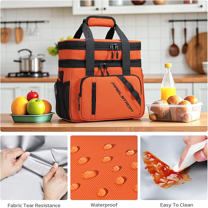 Maelstrom Lunch Box, 20L Insulated Lunch Bag for Men Women, Expandable Double Deck Leakproof Cooler Bag with 6 Pockets, Reusable Lunch Tote Bag for Work, Picnic, Travel, Orange