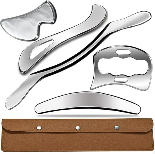 Professional Muscle Scraper Stainless Steel Gua Sha Massage Tool Set, 5-Piece with Case, Physical Therapy and Soft Tissue Mobilization Tool