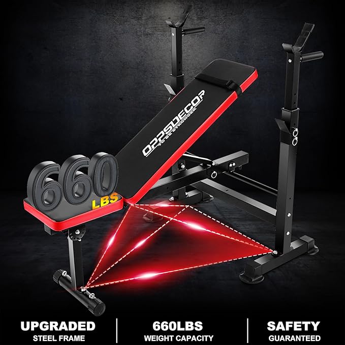 OPPSDECOR 8-in-1 Foldable Weight Bench Set with Squat Rack, Adjustable Bench Press Home Gym System for Full-Body Workout, Flat Incline Decline Sit Up Bench with Removable Foot Catch & Elastic Ropes