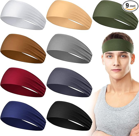 9 pcs Sweatbands for Men Workout Sport Headbands for Men Camo Headband Sweat Absorbing Headband Wide Sweatband for Head Basketball Football Cycling Running Yoga, 4.7 x 9.8 Inch