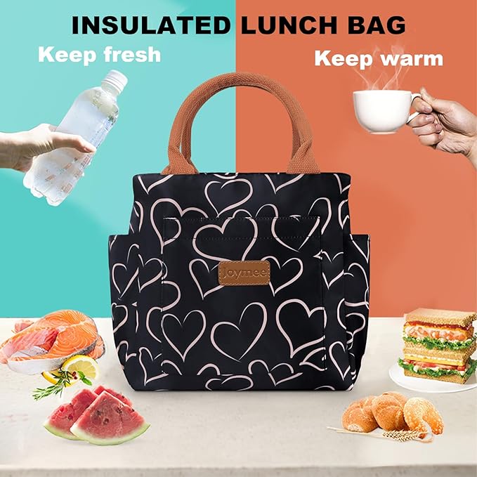Joymee Lunch Bag Women Insulated Lunch Box Reusable Leakproof Large Spacious Cooler Tote for Women Men Adult with Bottle Holder and Side Pockets for Work Office Travel Picnic - Love Heart