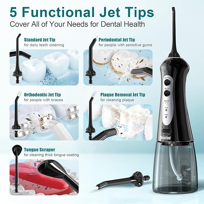 Nicefeel Cordless Water Dental Flosser – 300ML BPA-Free Portable Oral Irrigator, 3 Cleaning Modes, Fast Charge, IPX7 Waterproof for Teeth, Gums & Tonsil Stones – Home & Travel Use