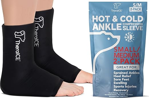TheraICE Ankle Ice Pack Wrap for Swelling & Sprained Ankle Brace for Women & Men, Cold Therapy Support Compression Socks, Plantar Fasciitis & Achilles Tendonitis Relief, Sore Feet & Heel