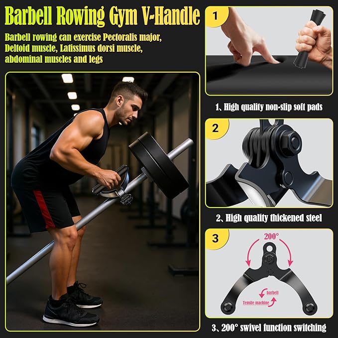 V Bar Landmine Attachment - T Bar Row Handle for Olympic Barbell, Multi-Grip V-Handle with Non-Slip Rubber Grip for Landmine Exercises, Seated Rows, Face Pulls, Strength Training (Fits 1" & 2" Bars)