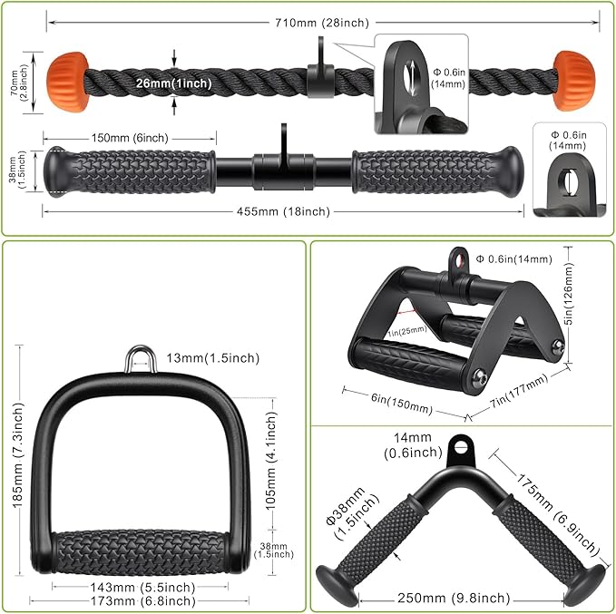 SELEWARE Triceps LAT Pulldown Attachments Home Gym Workout Accessories with Non-Slip Soft Rubber Grip Cable Machine Attachments Triceps Rope Double D Row Handle Pull Down Bar Straight Bar Exercise