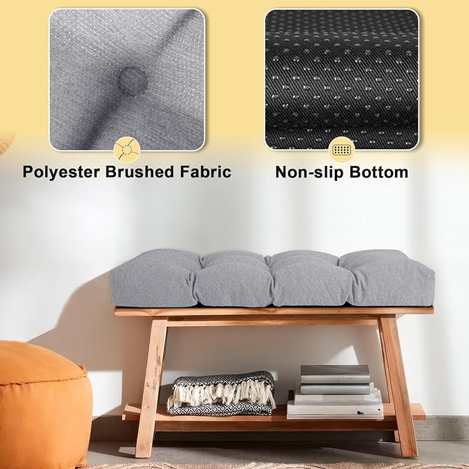 Bench Cushion 48 Inch - Polyester Brushed, High-Density Foam, Non-Slip Bottom, Soft Durable Indoor Tufted Long Seat Cushion for Window Garden Furniture (Grey, 48x16x4 Inch)