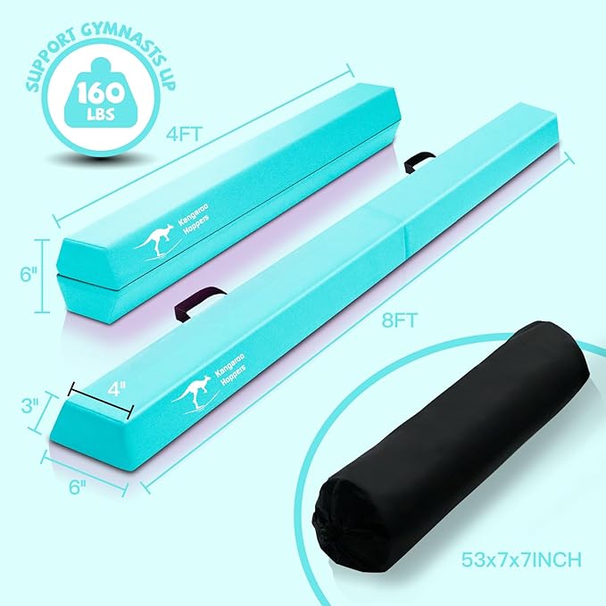 Kangaroo Hoppers 8FT Kids Balance Gymnastics Beam for Kids, Folding Extra Firm Foam Floor Beam for Beginners, Home Training Equipment with Anti-Slip Base, Carrying Bag