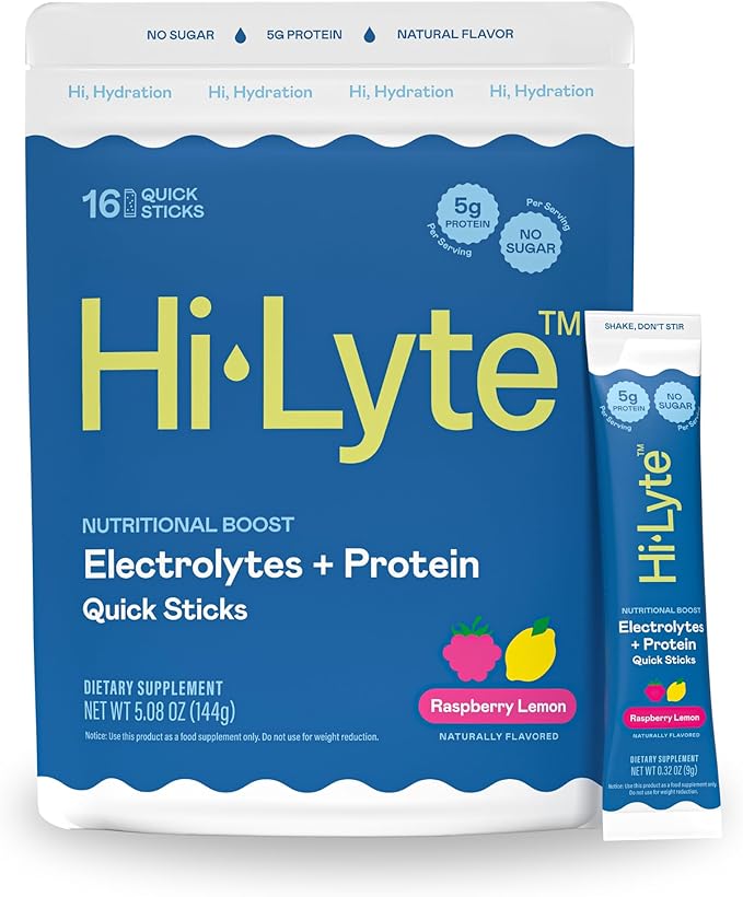 Hi-Lyte Electrolytes + Protein Quick Sticks Raspberry Lemon, 16 Servings - Sodium, Potassium, Whey Protein - Keto Friendly - 5g Protein, No Sugar