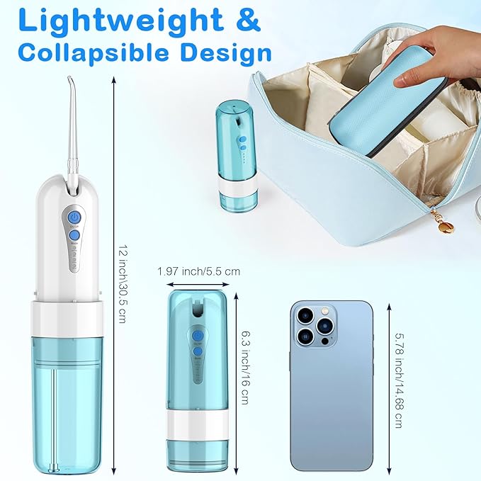 Water Dental Flosser for Teeth Cleaning and Flossing with Travel Size Case โ Rechargeable Oral Irrigator, KOOVON Portable Water Flosser for Adults, IPX7 Waterproof, 5 Jet Tips & 4 Modes, Blue