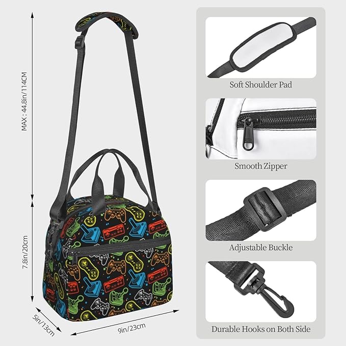 Game Reusable Insulated Lunch Box Waterproof Lunch Bag with Detachable and Adjustable Shoulder Strap for Office Picnic or Travel