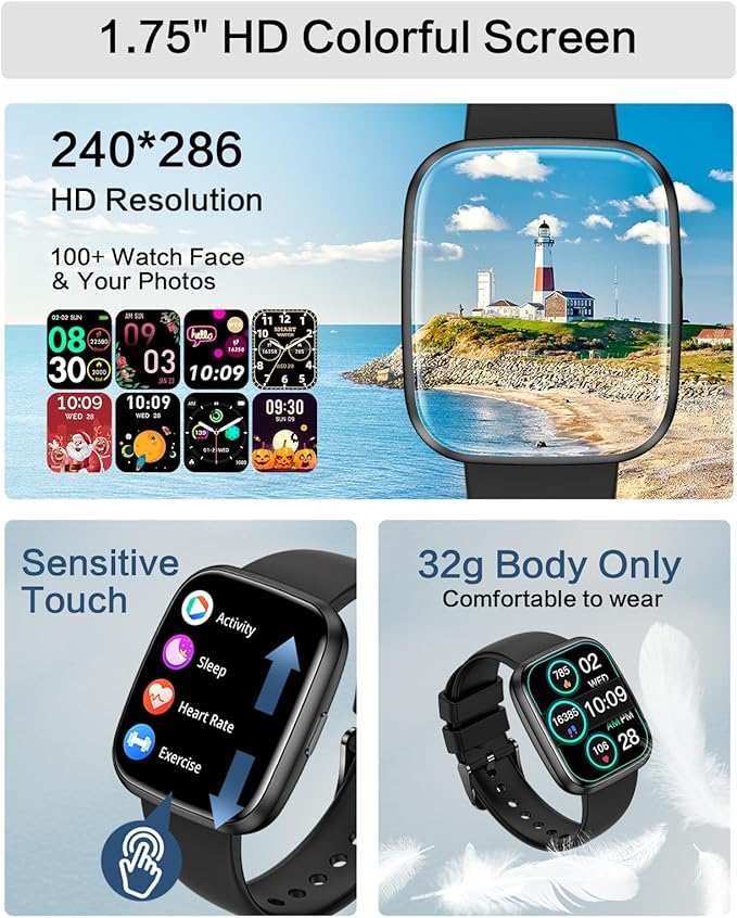 Smart Watches for Men/Women, 1.75" Bluetooth Call, AI Voice Smartwatch, 24/7 Heart Rate Monitor, Blood Pressure/SpO2/Sleep Tracker, IP68 Waterproof, 100+ Sports Fitness Tracker for Android iOS Black