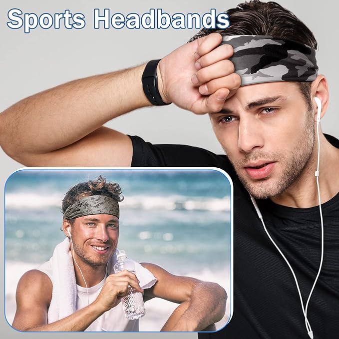 9 pcs Sweatbands for Men Workout Sport Headbands for Men Camo Headband Sweat Absorbing Headband Wide Sweatband for Head Basketball Football Cycling Running Yoga, 4.7 x 9.8 Inch