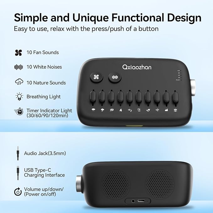 White Noise Sound Machine with 30 Soothing Sounds, Slide-Rail Button Design for DIY Scene Modes, Rechargeable & Portable Sleep Sound Machine for Adults, Baby, Kids, Travel, Gifts (Black)