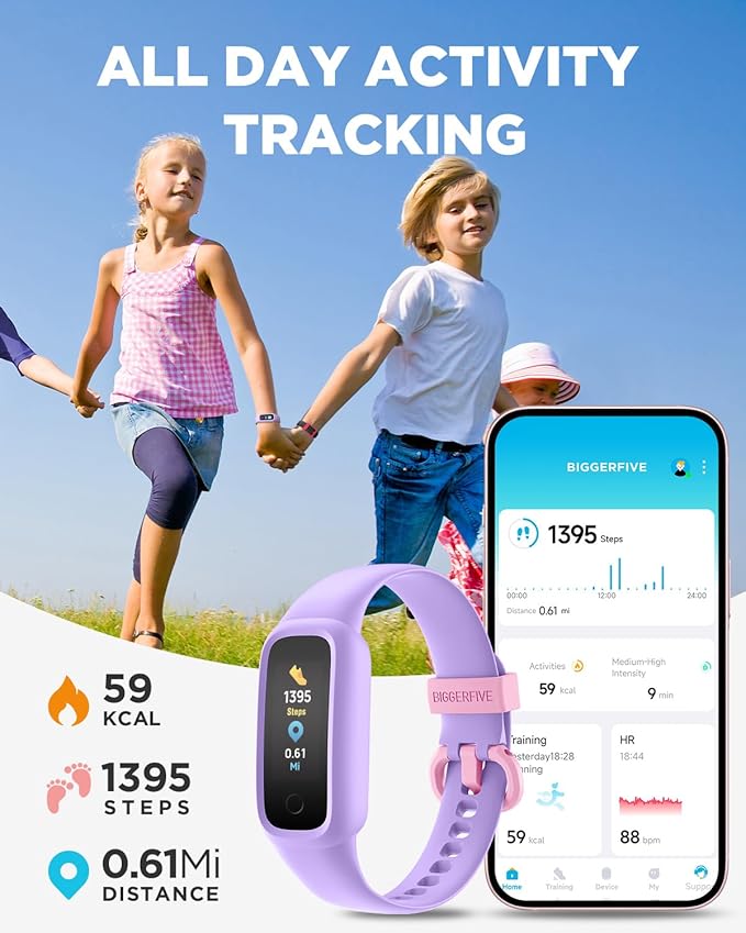 BIGGERFIVE Vigor 2 L Kids Fitness Tracker Watch for Boys Girls Ages 5-15, Activity Tracker, Heart Rate Sleep Monitor, IP68 Waterproof, Pedometer, Calorie Step Counter Watch, Lilac