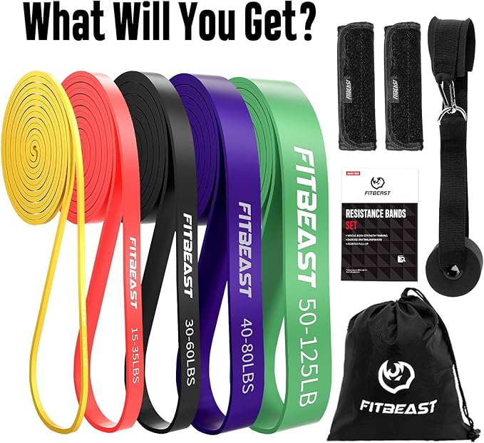 FitBeast Resistance Bands Set, 6 Different Levels, Pull Up Assist Bands for Strength Training, Crossfit, Powerlifting, Muscle Toning, Yoga, Mobility Exercises, Rehabilitation, Full-Body Workout