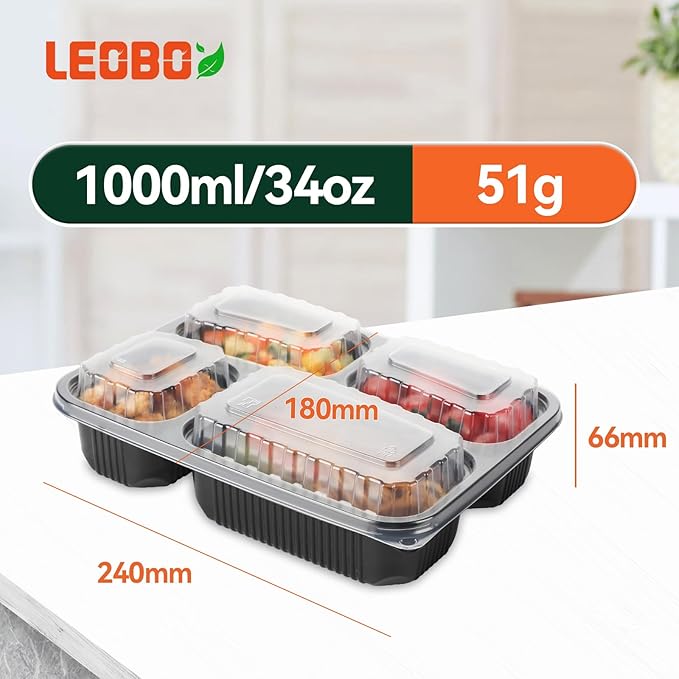 Meal Prep Containers 34oz 40 Pack - BPA Free PP Plastic Shrink Wrap & Leak Proof Takeout Box | Dishwasher Freezer & Microwave Safe Reusable for Bulk Cooking | Black 4 Compartment Food container