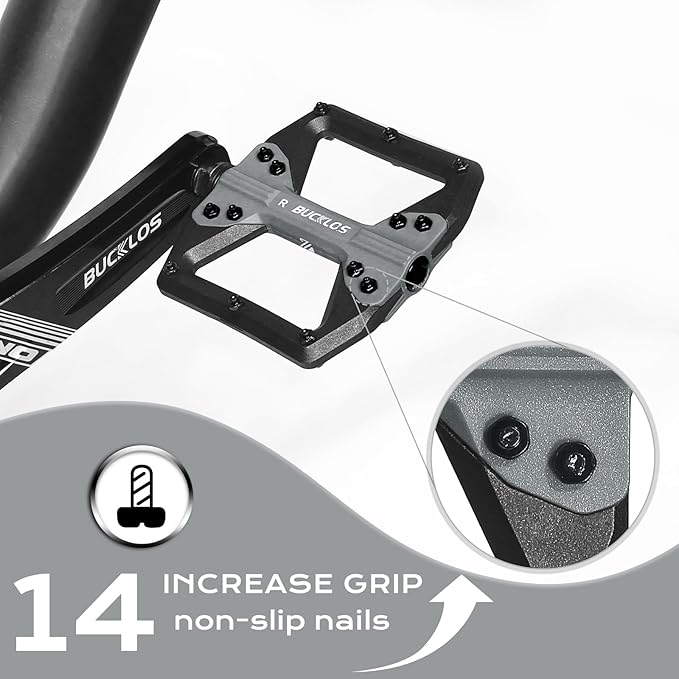 BUCKLOS MTB Flat Pedals Mountain Bike Pedals, 3 Bearings CNC Adult Road Bike Pedals, Bicycle Platform Aluminum Alloy Non-Slip Pedal for Gravel Bike/BMX 9/16"(Black)