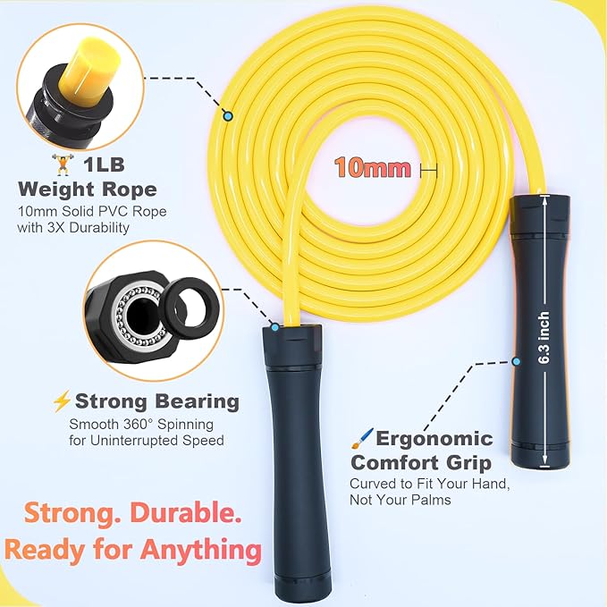 Weighted Jump Rope, 1LB Tangle-Free Ball Bearing Rapid Speed Skipping Rope for Men Women, Adjustable 9mm Cotton & PVC Rope with Alum Handle for Boxing MMA Weight-Loss Athletic Workout Fitness