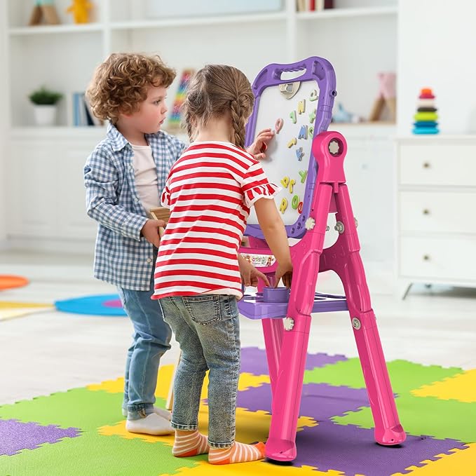 Amagoing Easel for Kids, Adjustable Standing Art Easel for Toddler, Double Side Drawing Board with Painting Accessories, Birthday Christmas Gift Toy for Boys Girls 3 4 5 6 Years Old, Purple