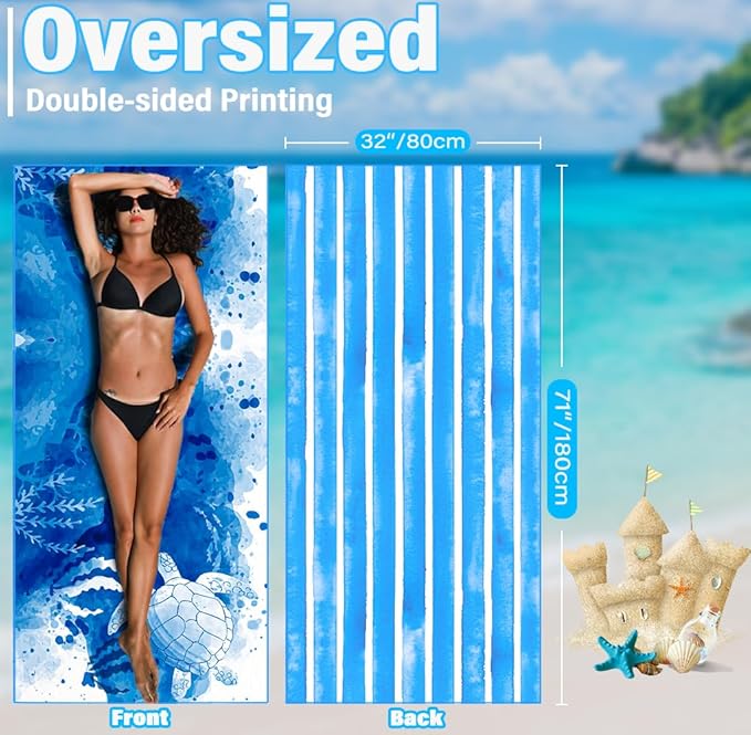 2 Pack Lightweight Thin Microfiber Beach Towel Sand Free Quick Dry Absorbent Compact Soft Pool Swim Travel Towels Extra Large Oversized Beach Accessories packable Essentials Stuff Gifts for Adult