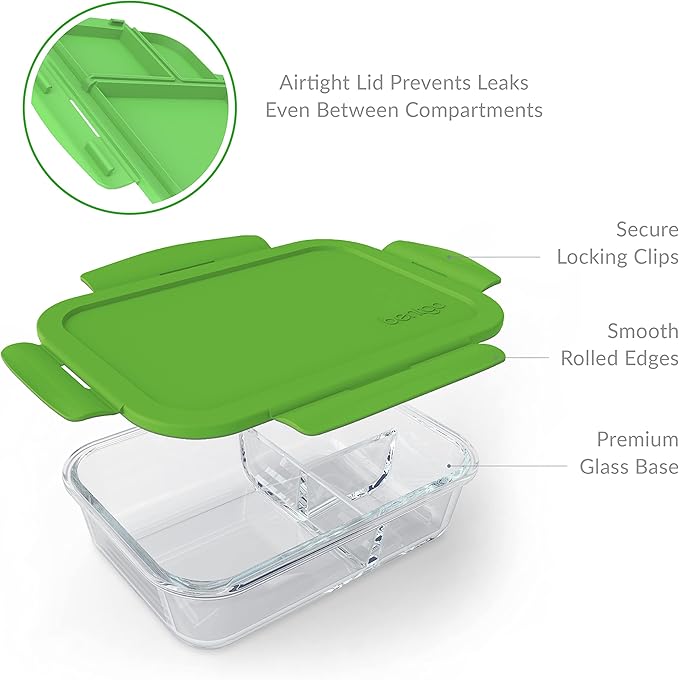 Bentgo Glass Lunch Box - Leak-Proof Bento-Style Food Container with Airtight Lid and Divided 3-Compartment Design - 5 Cup Capacity for Meal Prepping, and Portion-Controlled Meals for Adults (Green)