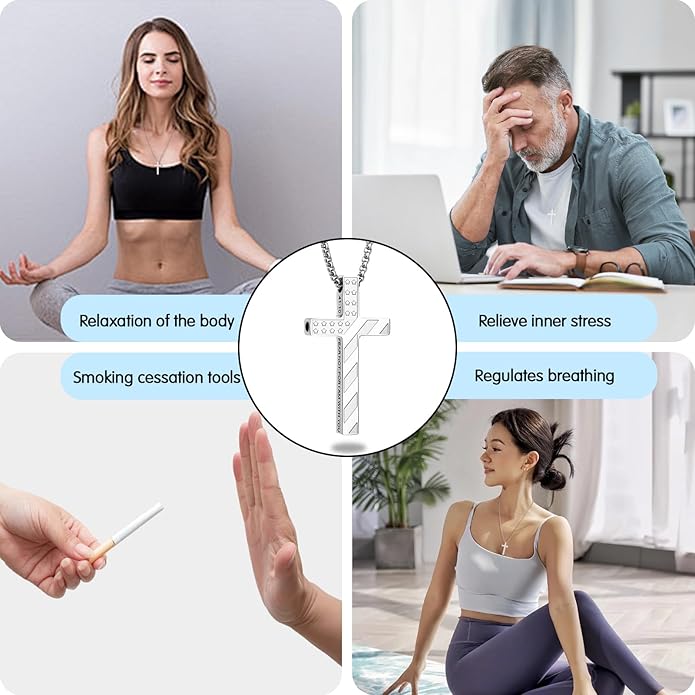 American Flag Cross Breathing Necklace for Women Men Quit Stop Smoking Stainless Steel Inspirational Bible Verse Anxiety Relief Mindfulness Jewelry for Stress Relief Christian Meditation Gift