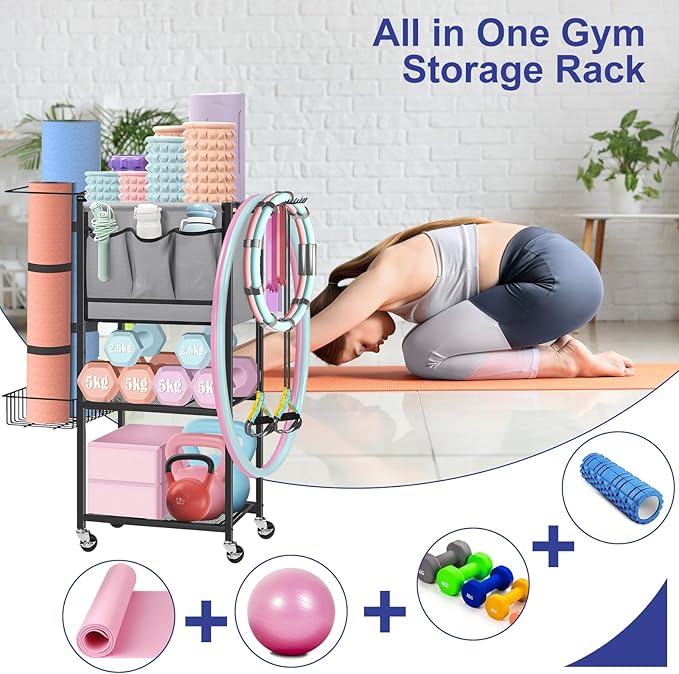 NANANARDOSO Home Gym Storage Rack, Yoga Mat Storage and Gym Organizer Rack for Home Exercise, Gym Portable and Movable Equipment Rack for Yoga Mats, Foam Rollers, Dumbbells, Resistance, Black