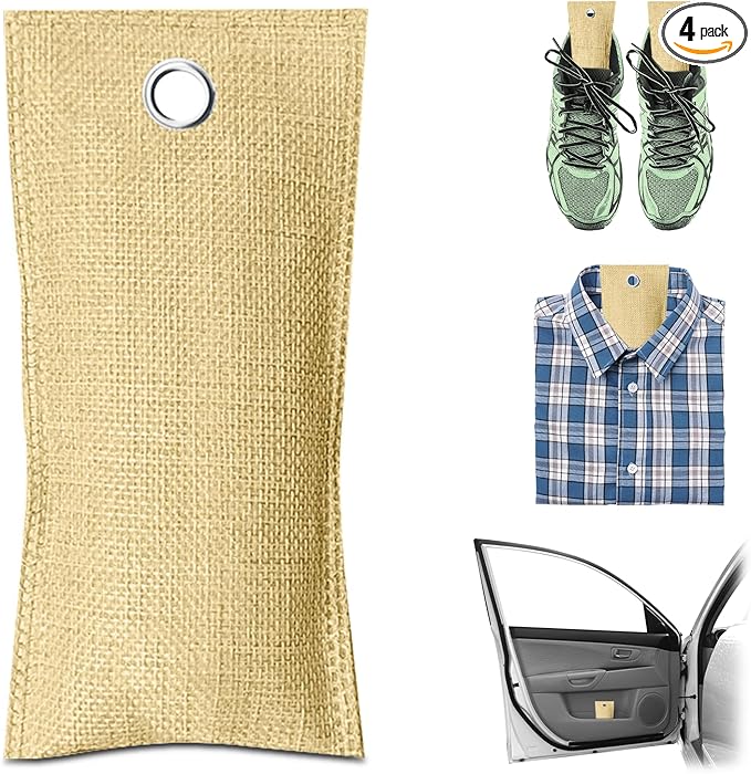 4 Pack charcoal odor absorber,Bamboo Charcoals Air Purifying Bag Charcoals Deodorizer Eliminator for Strong Odors in Car, Closet, Shoe, Basement (75G*4 Pack Beige-2, Unscented)