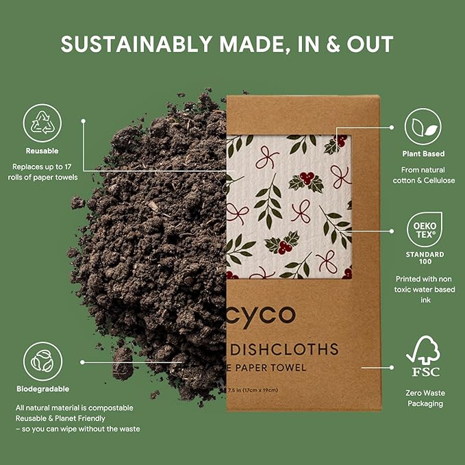 RECYCO 4 Pack Christmas Swedish Dishcloths for Kitchen | Jolly Holiday Washable Dish Towels | Cellulose Reusable Cleaning Paper Towels | Absorbent Counter Dish Cloth Sponge Kitchen Wipes, 7" x 8"