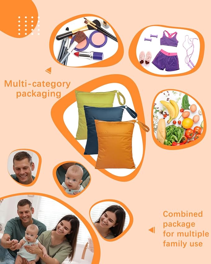 babygoal Wet Dry Bags 3 Pack for Baby Cloth Diapers, Washable Travel Bags, Beach, Pool, Gym Bag for Swimsuits & Wet Clothes with Two Zippered Pockets 3LN29