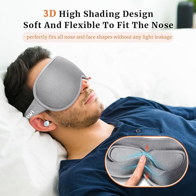 Sleep Eye Mask 3D Contoured Cup Soft and Gentle, Breathable, Comfortable for Side Sleeping, Travellers, Yoga, Men, Women, Adjustable, with Silicone Ear Plugs for Sleeping Noise Reductions