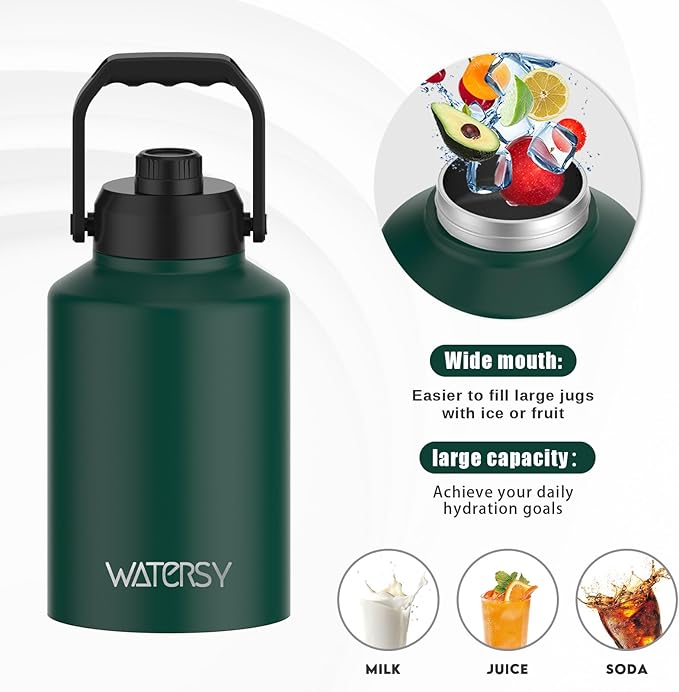 1 Gallon Water Bottle Insulated(Cold for 48 Hrs),BPA Free&Leak Proof,128oz Stainless Steel Water Jug,Big thermo,Large Water Bottle with Handle for Gym,Hiking,Camping&Travel,Dark Green