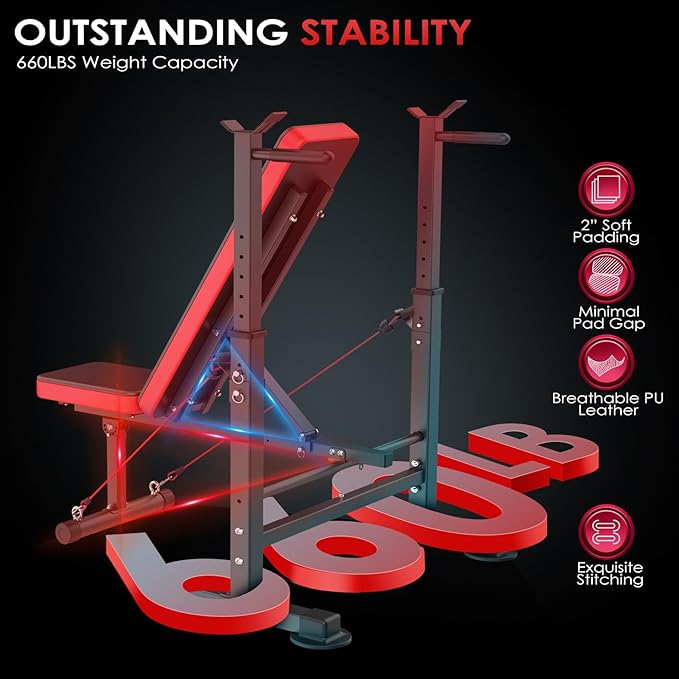 OPPSDECOR 8-in-1 Foldable Weight Bench Set with Squat Rack, Adjustable Bench Press Home Gym System for Full-Body Workout, Flat Incline Decline Sit Up Bench with Removable Foot Catch & Elastic Ropes