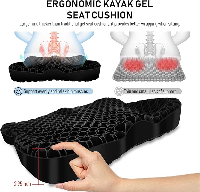 Kayak seat Cushion Waterproof Kayak seat Cushion Kayak Fishing Accessories Waterproof Gel Boat seat Cushion Anti Slip Coccyx Sciatica Relief Double-Layer Gel Cushion Design Thickened