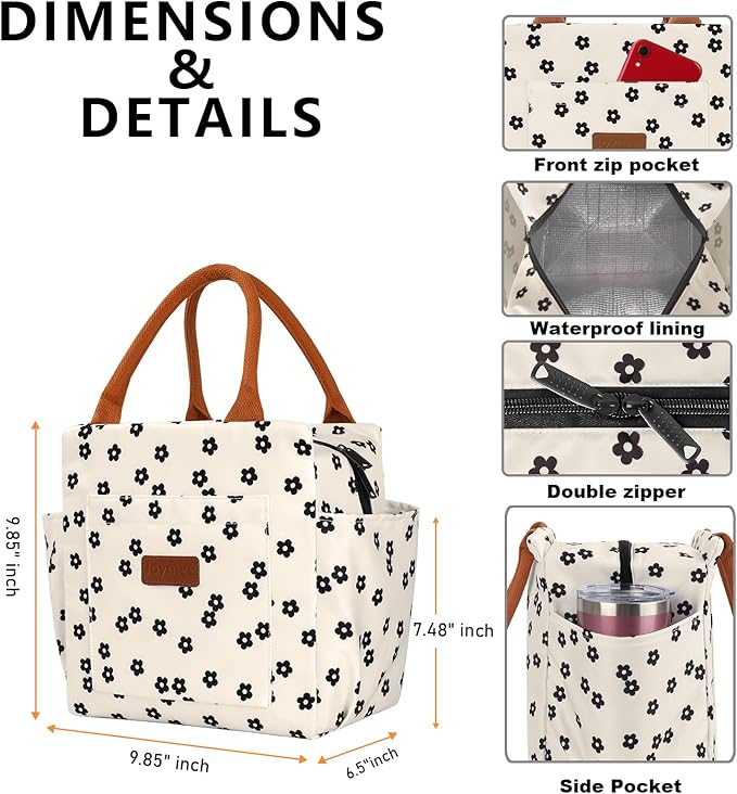Joymee Lunch Bag Women Insulated Lunch Box Reusable Leakproof Large Spacious Cooler Tote for Women Men Adult with Bottle Holder and Side Pockets for Work Office Travel Picnic - Black Little Floral