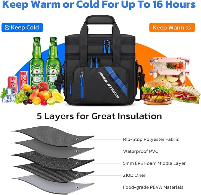 Maelstrom Lunch Box, 20L Insulated Lunch Bag for Men Women, Expandable Double Deck Leakproof Cooler Bag with 6 Pockets, Reusable Lunch Tote Bag for Work, Picnic, Travel, Black