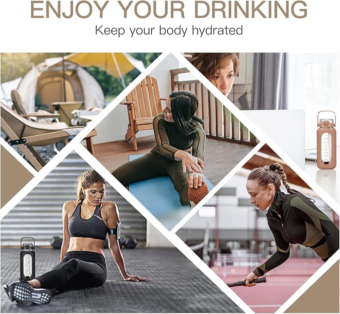 42oz/52oz/64oz Glass Water Bolttles with Straw Half Gallon Large Motivational Water Bottle with Time Marker Sports Water Bottles with Silicone Sleeve and Handle Lid Water Jug for Gym Workout