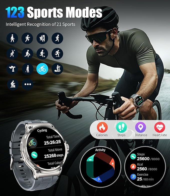 Military Smart Watch for Men,1.85" HD/800mAh Battery Smart Watches for Android iOS (Bluetooth Call Answer/Calls) Fitness Tracker with Heart Rate/Sleep Tracking/Blood Oxygen Silver