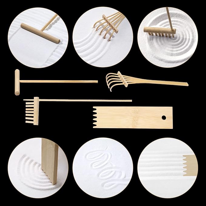 Zen Garden for Desk 11x7.5in, Handmade Sand Art with Tray, Japanese Gift Set, Mini Zen Garden with Bonsai Tree, Home Office Room Decorations, Therapy Kit, Stress Relief Gift