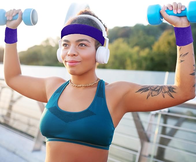 Civaner 12 Pcs 80s 90s Sweatbands Neon Headbands Wristbands for Men Women Party Sports Cotton Headbands Terry Cloth Athletic Sweat Bands for Tennis Football Gym Workingout Accessories