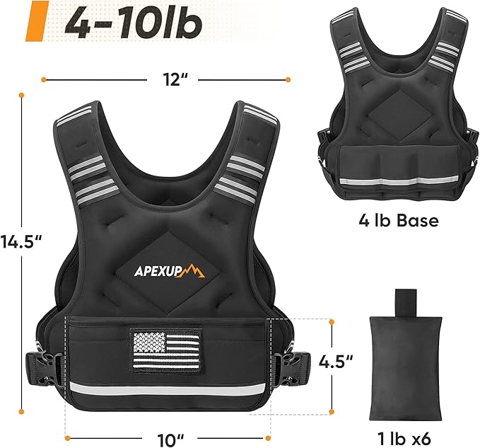 APEXUP Adjustable Weighted Vest, 4-10lb/12-18lb/20-32lb Vest with 6 Ironsand Weights and Large Pocket, Weight Vest for Men Women Strength Training, Running, Walking