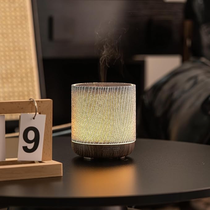 Essential Oil Diffuser 7 fl oz 200ml with Fabric Cover and Night Lamp | Ultrasonic Aroma Diffuser | Humidifier w Lights | Room Decor | Small Humidifier for Bedroom | Gift (Dark Brown)
