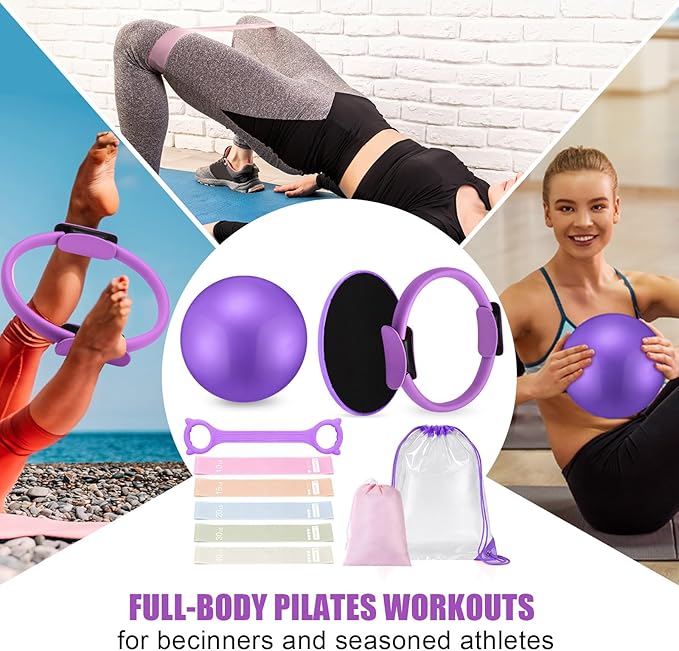 Pilates Ring Set for Women Exercise Equipment with 9 Inch Yoga Ball, Figure 8 Resistance Band, Sliding Disks, Yoga Bands Accessories Pilates Ring and Ball Set for Beginners Home Workouts