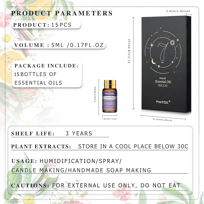 15PCS Essential Oils Gift Set - Premium Quality 100% Natural Pure Essential Oils for Aromatherapy Diffuser Yoga Home Office Soap Candle Making- 5ml/Bottle