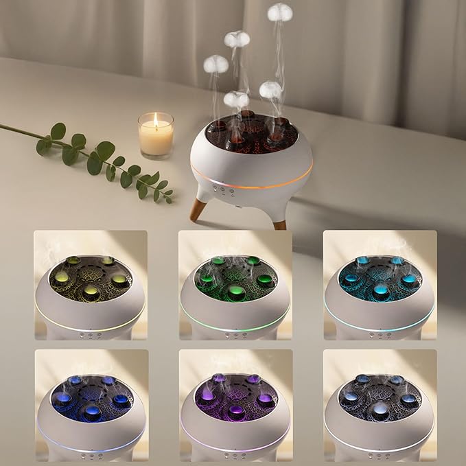 REGINEXT Mushroom Cloud Aroma Diffuser - 3-Timer Setting, 7-Smoke Modes, 7-Color LED, Meditation Buddy with Water Jelly Shape Fog, Home Decor for Bedroom/Living Room/Office - Auto Shut-Off