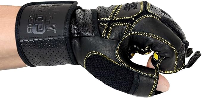 Elite Leather Gym Gloves with Built in 2" Wide Wrist Wraps Grip & Design for Weightlifting Power Lifting Bodybuilding & Strength Training Workout Exercises